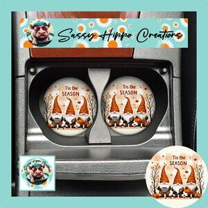 Car Coasters Gnome Trio Autumn Tis the Season Set of 2 Neoprene Absorbent